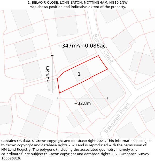 1, BELVOIR CLOSE, LONG EATON, NOTTINGHAM, NG10 1NW: Plot and title map