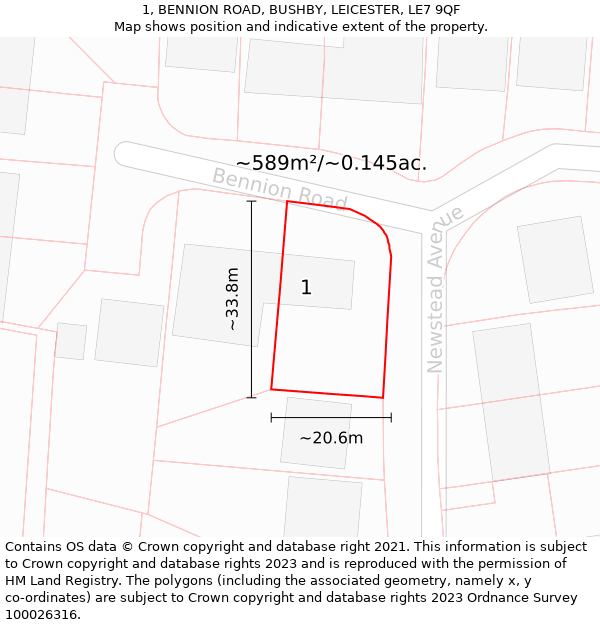 1, BENNION ROAD, BUSHBY, LEICESTER, LE7 9QF: Plot and title map
