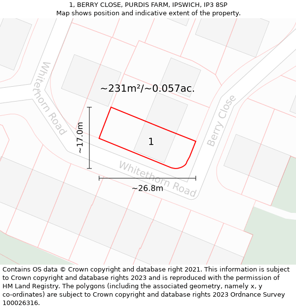 1, BERRY CLOSE, PURDIS FARM, IPSWICH, IP3 8SP: Plot and title map