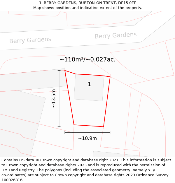 1, BERRY GARDENS, BURTON-ON-TRENT, DE15 0EE: Plot and title map