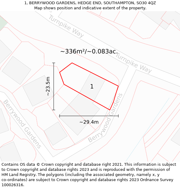 1, BERRYWOOD GARDENS, HEDGE END, SOUTHAMPTON, SO30 4QZ: Plot and title map