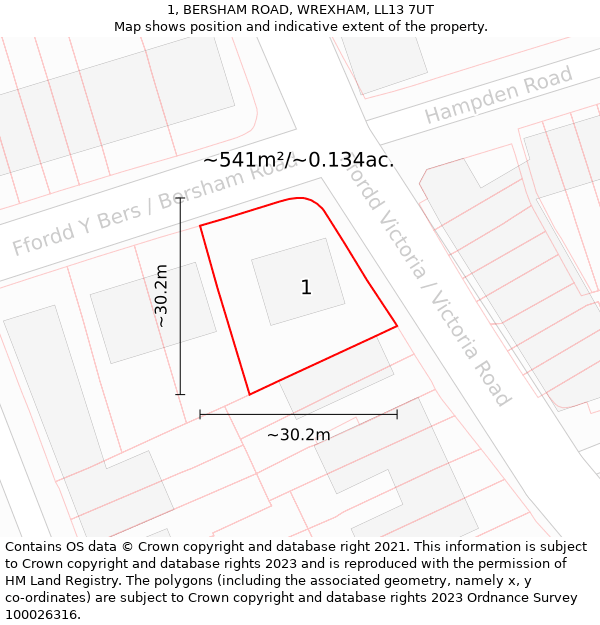 1, BERSHAM ROAD, WREXHAM, LL13 7UT: Plot and title map