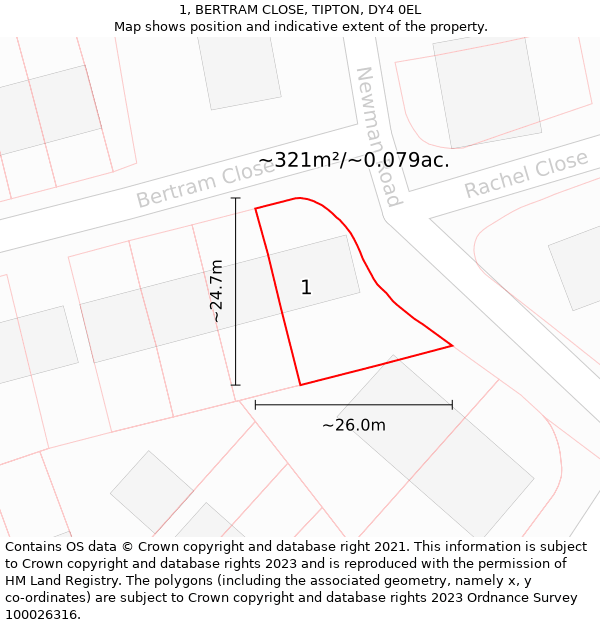 1, BERTRAM CLOSE, TIPTON, DY4 0EL: Plot and title map