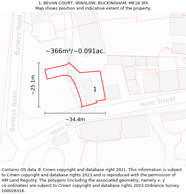 1, BEVAN COURT, WINSLOW, BUCKINGHAM, MK18 3FA: Plot and title map