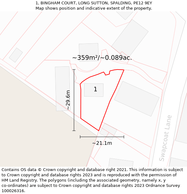 1, BINGHAM COURT, LONG SUTTON, SPALDING, PE12 9EY: Plot and title map