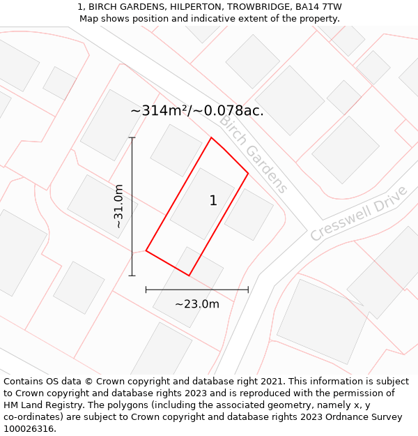 1, BIRCH GARDENS, HILPERTON, TROWBRIDGE, BA14 7TW: Plot and title map