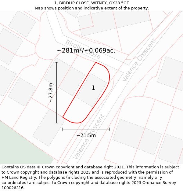 1, BIRDLIP CLOSE, WITNEY, OX28 5GE: Plot and title map