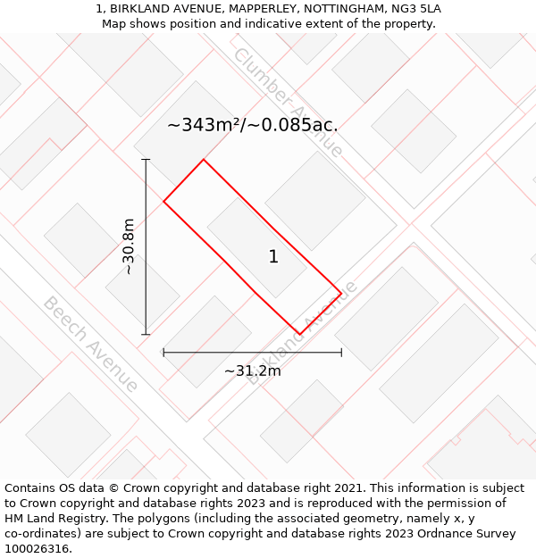 1, BIRKLAND AVENUE, MAPPERLEY, NOTTINGHAM, NG3 5LA: Plot and title map