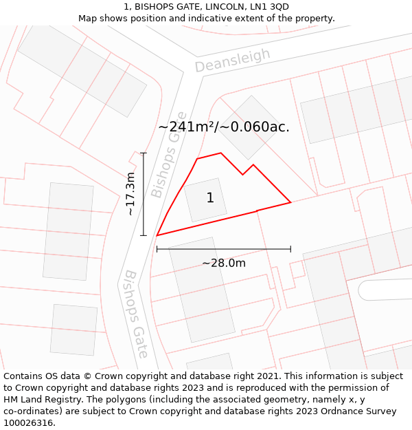 1, BISHOPS GATE, LINCOLN, LN1 3QD: Plot and title map