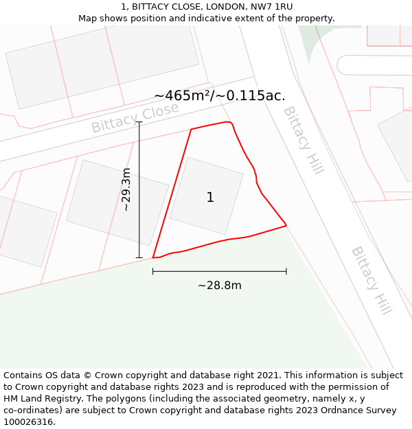 1, BITTACY CLOSE, LONDON, NW7 1RU: Plot and title map