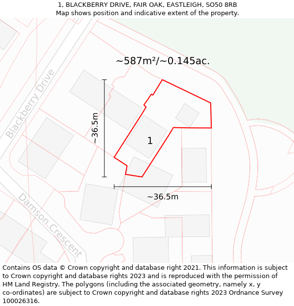 1, BLACKBERRY DRIVE, FAIR OAK, EASTLEIGH, SO50 8RB: Plot and title map