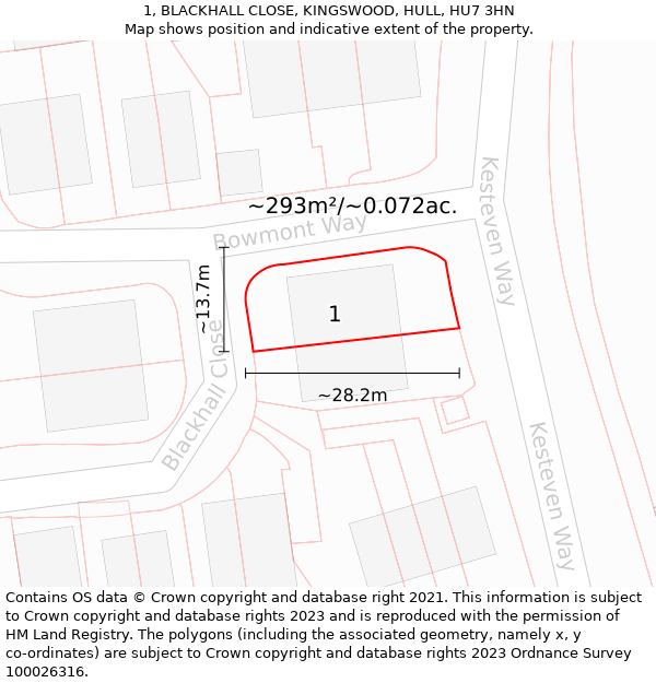 1, BLACKHALL CLOSE, KINGSWOOD, HULL, HU7 3HN: Plot and title map