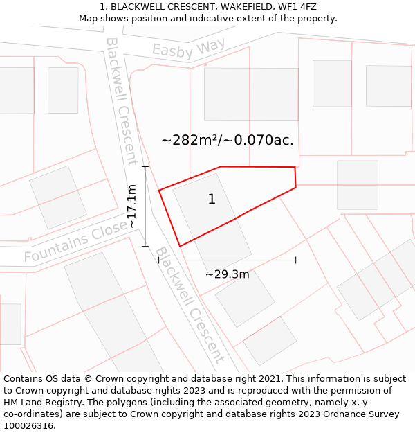 1, BLACKWELL CRESCENT, WAKEFIELD, WF1 4FZ: Plot and title map