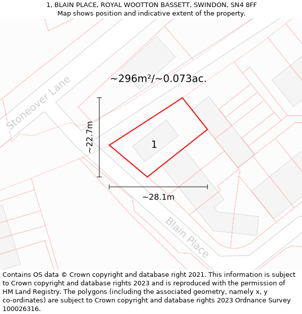 1, BLAIN PLACE, ROYAL WOOTTON BASSETT, SWINDON, SN4 8FF: Plot and title map