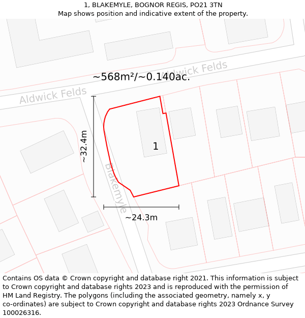 1, BLAKEMYLE, BOGNOR REGIS, PO21 3TN: Plot and title map