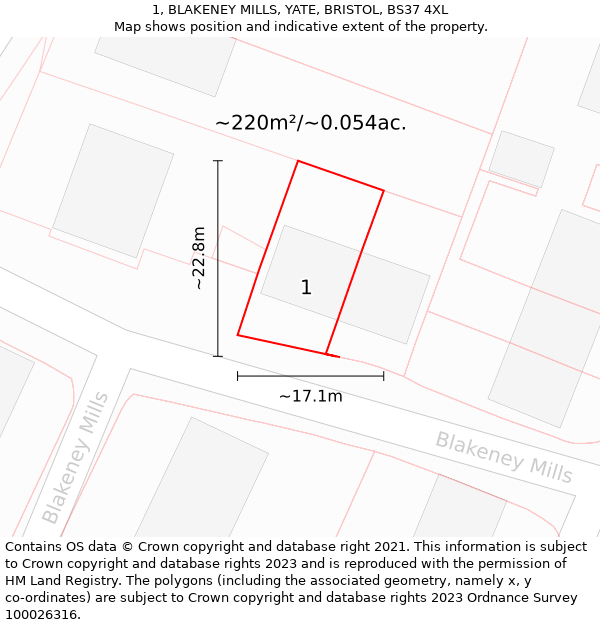 1, BLAKENEY MILLS, YATE, BRISTOL, BS37 4XL: Plot and title map