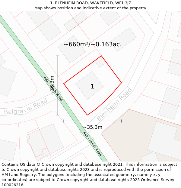 1, BLENHEIM ROAD, WAKEFIELD, WF1 3JZ: Plot and title map