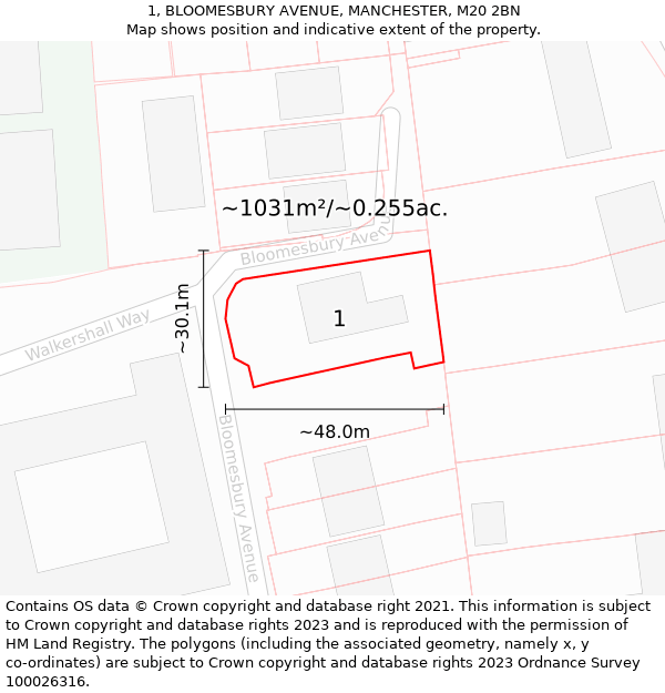 1, BLOOMESBURY AVENUE, MANCHESTER, M20 2BN: Plot and title map