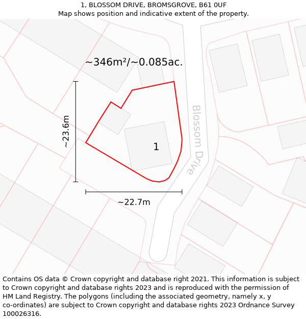 1, BLOSSOM DRIVE, BROMSGROVE, B61 0UF: Plot and title map