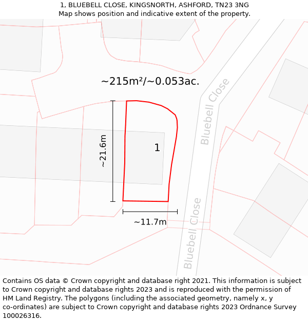 1, BLUEBELL CLOSE, KINGSNORTH, ASHFORD, TN23 3NG: Plot and title map