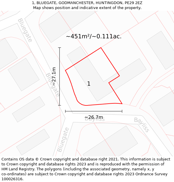 1, BLUEGATE, GODMANCHESTER, HUNTINGDON, PE29 2EZ: Plot and title map