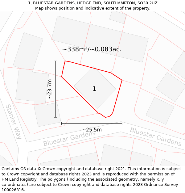 1, BLUESTAR GARDENS, HEDGE END, SOUTHAMPTON, SO30 2UZ: Plot and title map