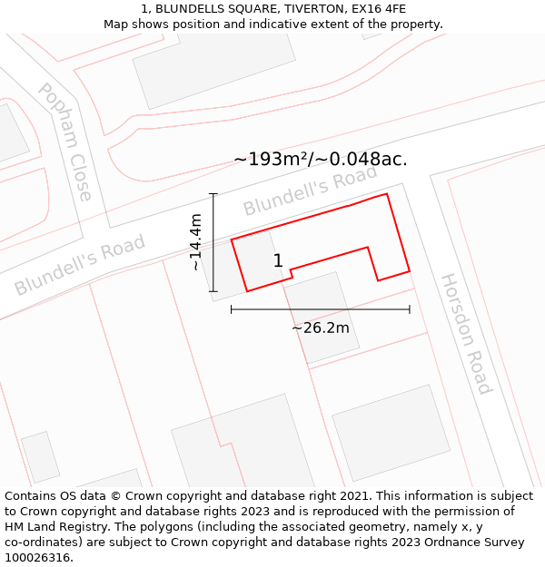 1, BLUNDELLS SQUARE, TIVERTON, EX16 4FE: Plot and title map