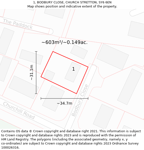 1, BODBURY CLOSE, CHURCH STRETTON, SY6 6EN: Plot and title map