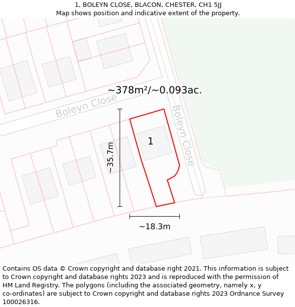 1, BOLEYN CLOSE, BLACON, CHESTER, CH1 5JJ: Plot and title map