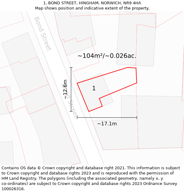 1, BOND STREET, HINGHAM, NORWICH, NR9 4HA: Plot and title map