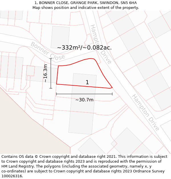 1, BONNER CLOSE, GRANGE PARK, SWINDON, SN5 6HA: Plot and title map