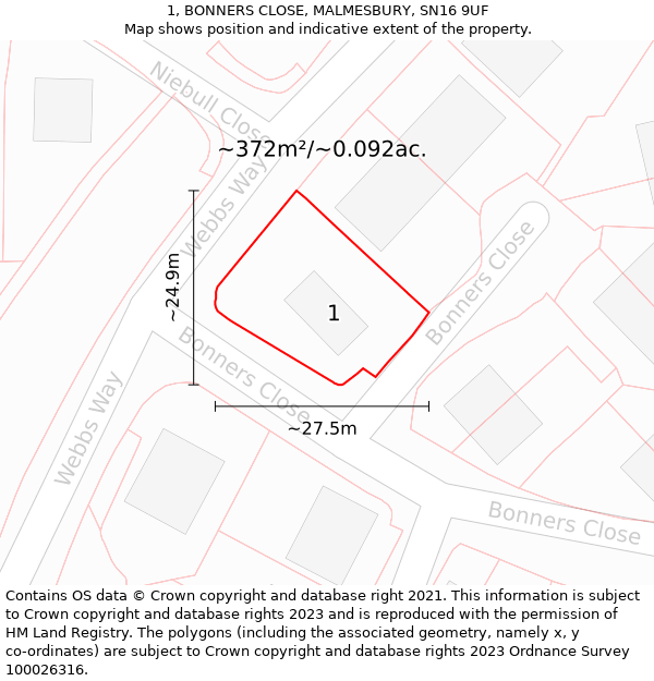 1, BONNERS CLOSE, MALMESBURY, SN16 9UF: Plot and title map