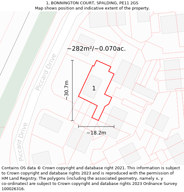 1, BONNINGTON COURT, SPALDING, PE11 2GS: Plot and title map