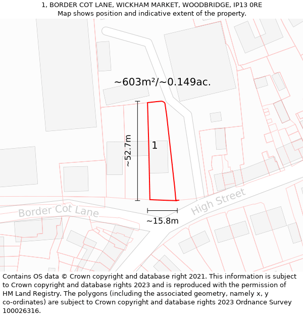 1, BORDER COT LANE, WICKHAM MARKET, WOODBRIDGE, IP13 0RE: Plot and title map