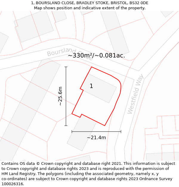 1, BOURSLAND CLOSE, BRADLEY STOKE, BRISTOL, BS32 0DE: Plot and title map