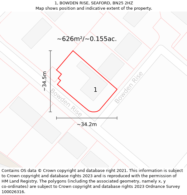 1, BOWDEN RISE, SEAFORD, BN25 2HZ: Plot and title map