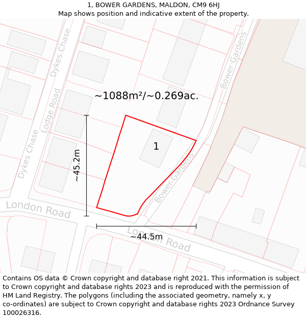 1, BOWER GARDENS, MALDON, CM9 6HJ: Plot and title map