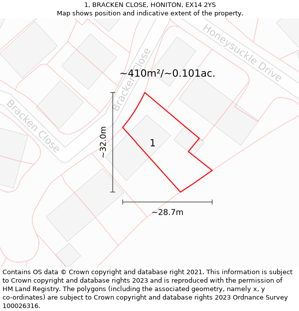 1, BRACKEN CLOSE, HONITON, EX14 2YS: Plot and title map