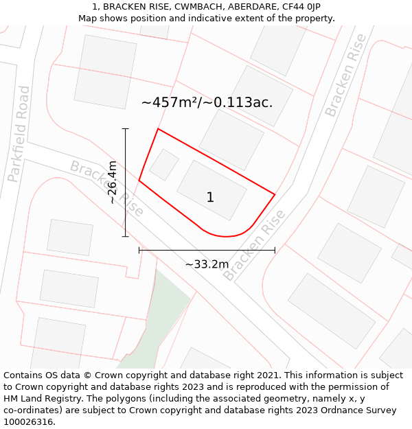 1, BRACKEN RISE, CWMBACH, ABERDARE, CF44 0JP: Plot and title map