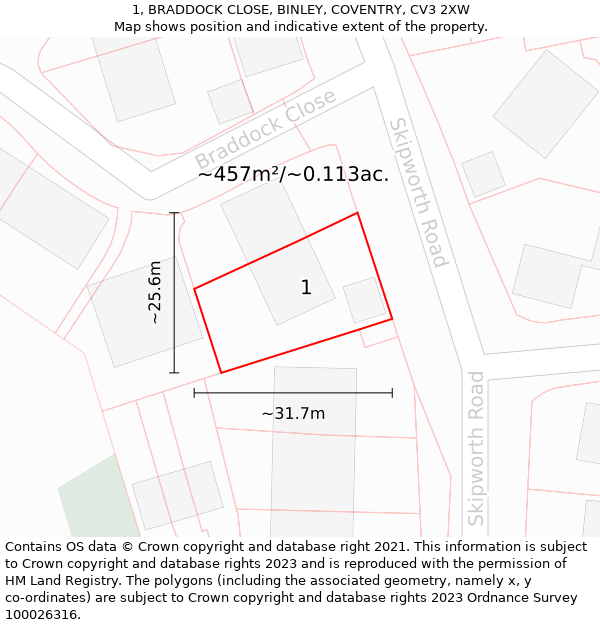 1, BRADDOCK CLOSE, BINLEY, COVENTRY, CV3 2XW: Plot and title map