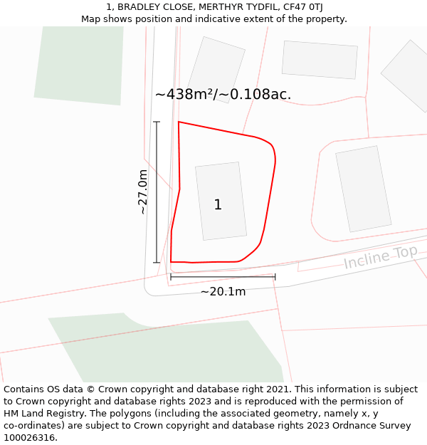 1, BRADLEY CLOSE, MERTHYR TYDFIL, CF47 0TJ: Plot and title map