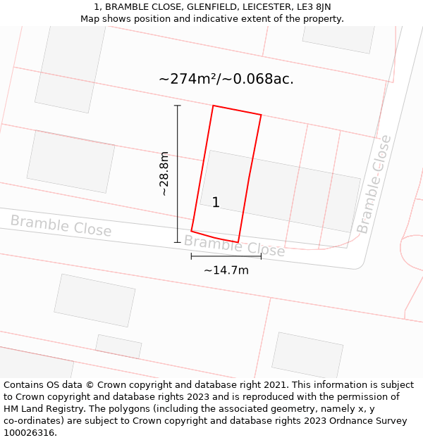 1, BRAMBLE CLOSE, GLENFIELD, LEICESTER, LE3 8JN: Plot and title map