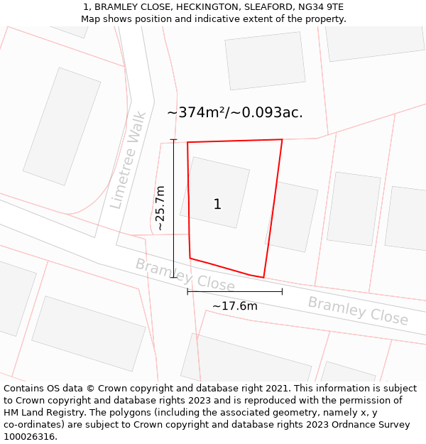 1, BRAMLEY CLOSE, HECKINGTON, SLEAFORD, NG34 9TE: Plot and title map