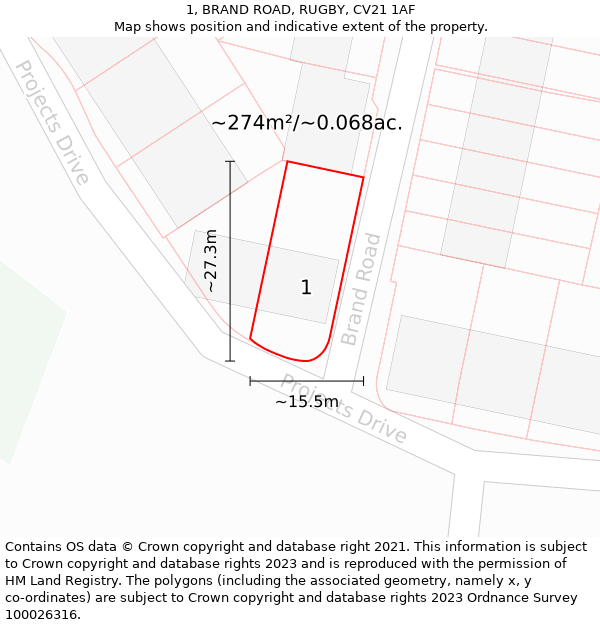 1, BRAND ROAD, RUGBY, CV21 1AF: Plot and title map