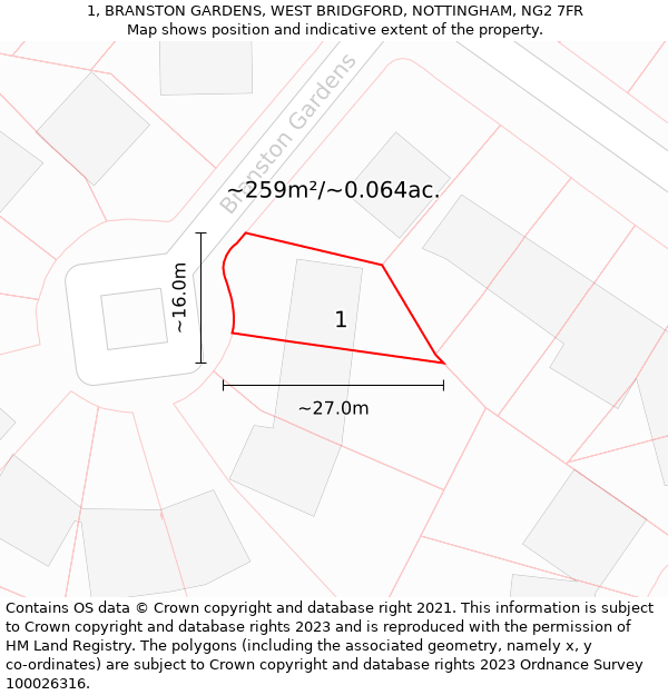 1, BRANSTON GARDENS, WEST BRIDGFORD, NOTTINGHAM, NG2 7FR: Plot and title map