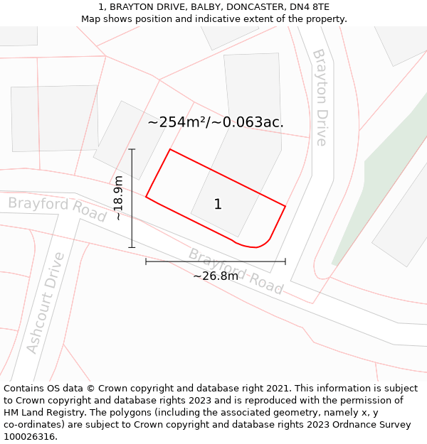 1, BRAYTON DRIVE, BALBY, DONCASTER, DN4 8TE: Plot and title map