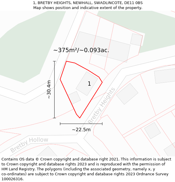 1, BRETBY HEIGHTS, NEWHALL, SWADLINCOTE, DE11 0BS: Plot and title map