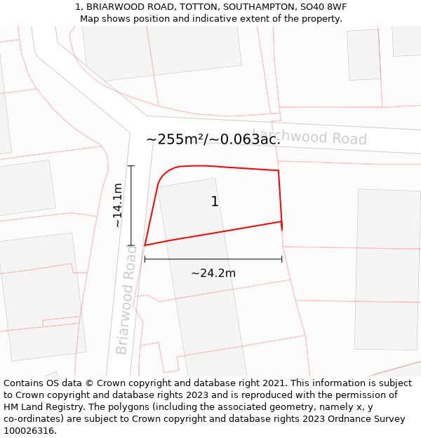 1, BRIARWOOD ROAD, TOTTON, SOUTHAMPTON, SO40 8WF: Plot and title map