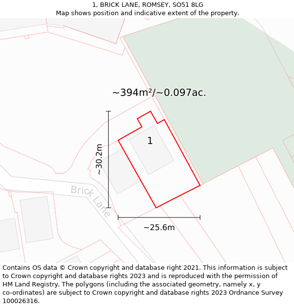 1, BRICK LANE, ROMSEY, SO51 8LG: Plot and title map