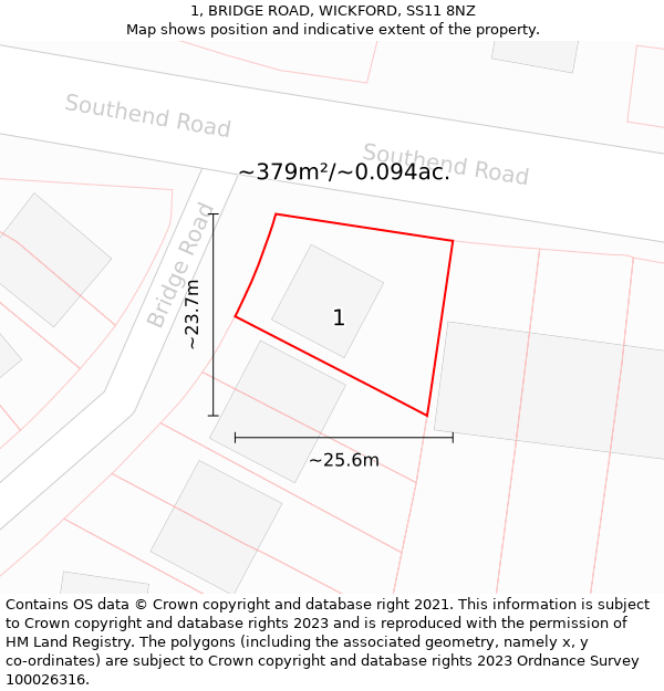 1, BRIDGE ROAD, WICKFORD, SS11 8NZ: Plot and title map